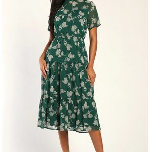 Lulus Dark Green Floral Midi Dress - Medium - NWT